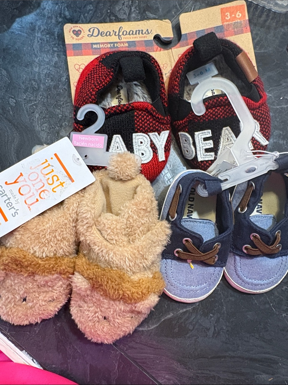 Baby Shoes: Just One You (Newborn), Old Navy (3–6 months), Dearfoams (3–6 months